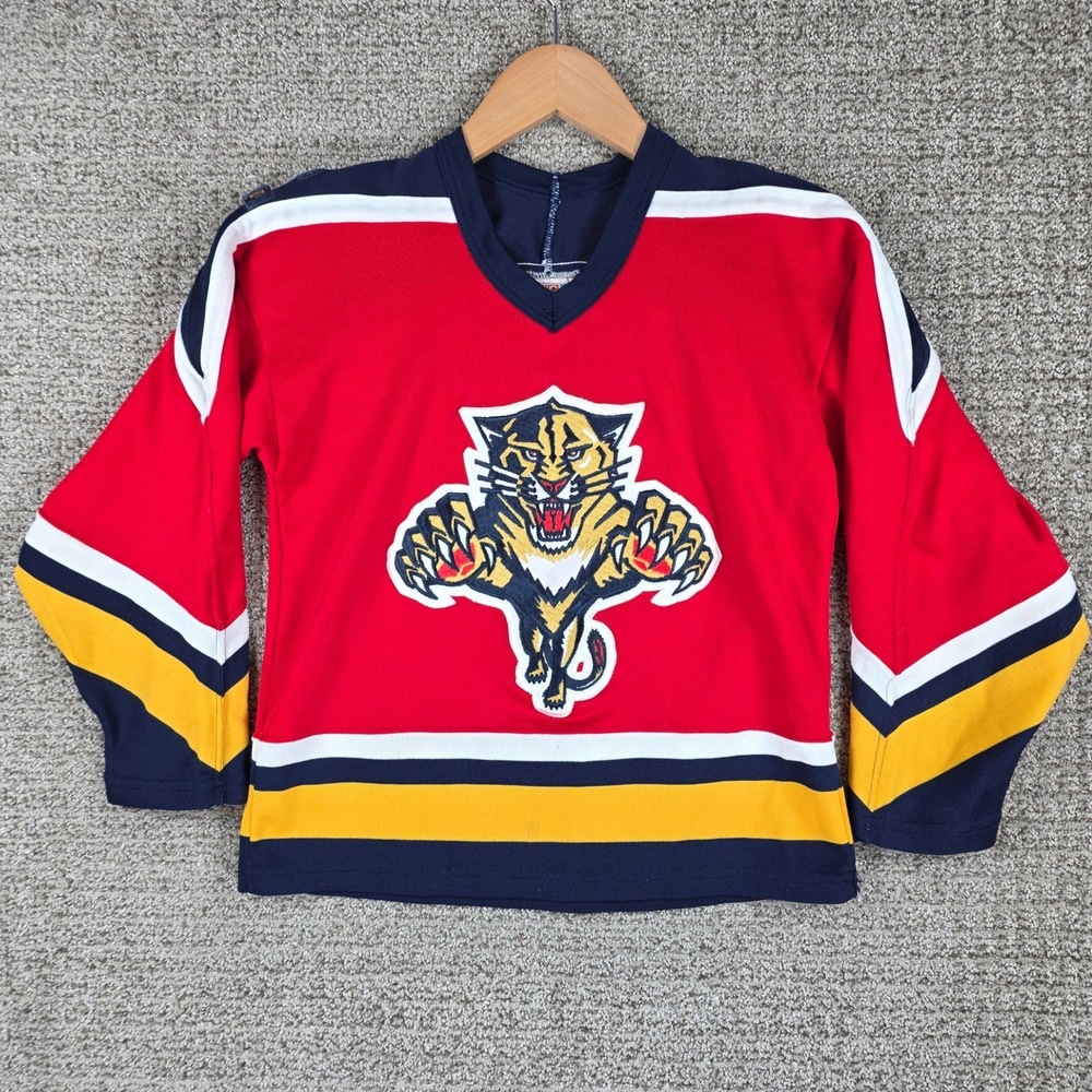 Vintage CCM Florida Panthers NHL Hockey Jersey Kids Medium Red Blue Yellow